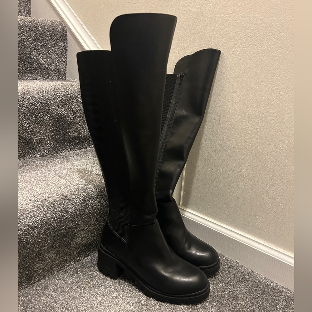 Shoe Dazzle Black Knee-High Chunky Heel Rain Boots